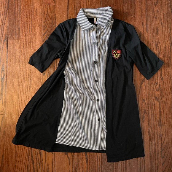 Dark Academia Black Short Sleeve Pinstripe Blouse and Cardigan - Picture 2 of 4